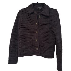 Ann Taylor Black Crochet Open Knit Button Front Cardigan Sweater Small